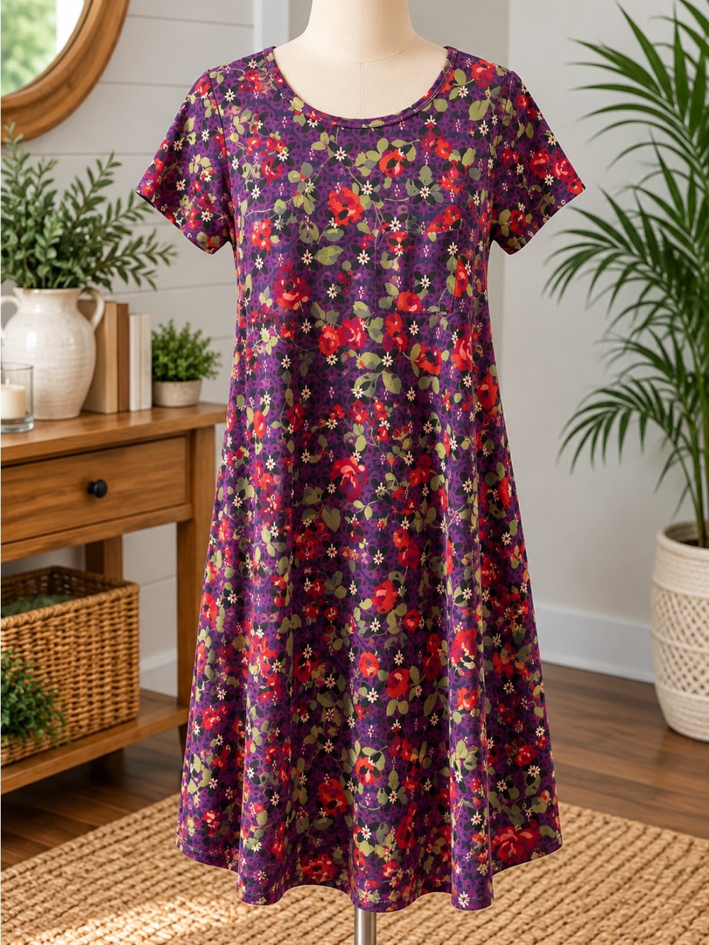 LuLaRoe Purple Floral Midi Dress with Red & Green Accents
